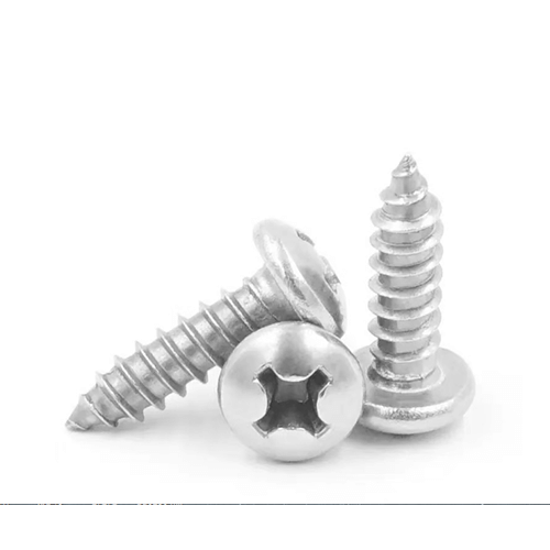 Zinc plated Phillips pan head self tapping screw close-up on white background