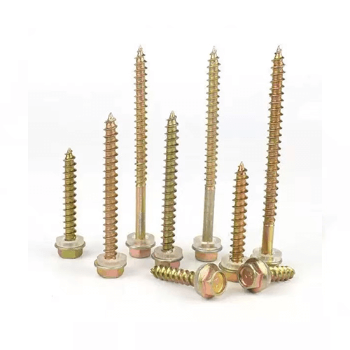 Hex head wood screws with color zinc plating, made of Q235 carbon steel, suitable for wood, stone, and plastic applications