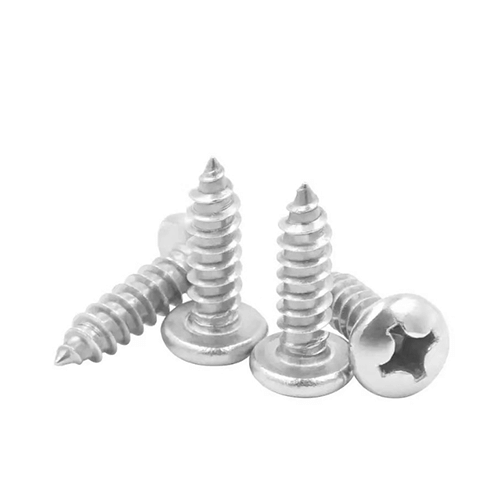Full view of Phillips pan head self-tapping screws with blue-white zinc coating made from Q235 carbon steel
