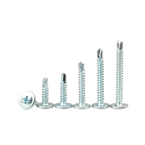 Full view of Q235 carbon steel self-drilling screws with flat head and blue-white zinc coating