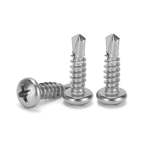 Close-up view showing pan head, Phillips slot, and threaded body of Q235 self-drilling screws