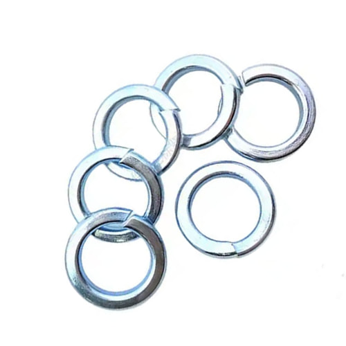 High-strength zinc plated spring washer made of SAE 1074 carbon steel, available in sizes from 1/4 inch to 1-1/8 inch, used for anti-vibration fastening in machinery and construction.